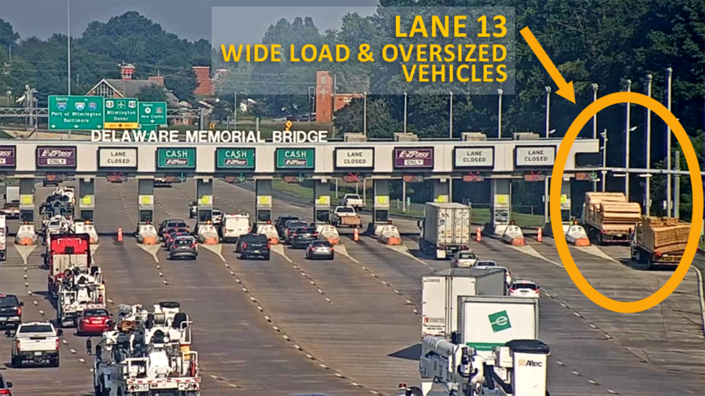 A Wide Load is in Lane 13 at the Delaware Memorial Bridge, this image shows you where Lane 13 is with text, an arrow and an ellipse identifying the vehicle and lane 13.