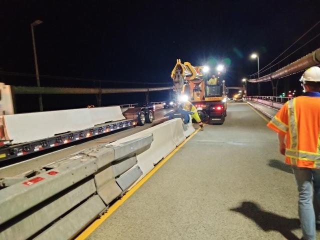 Road crews construct a bypass lane for northbound traffic on the southbound span of the Delaware Memorial Bridge to facilitate joint replacement work on the Northbound span in 2026.