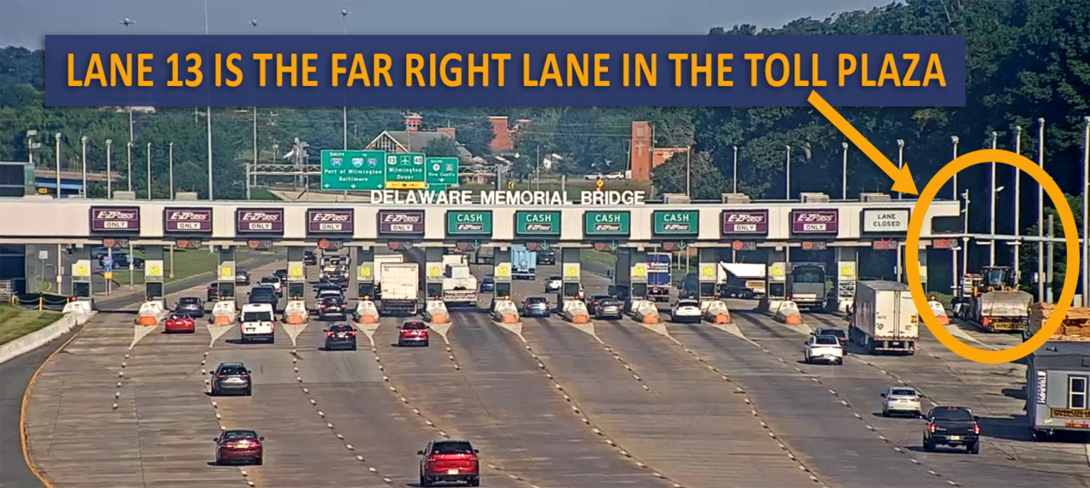 A Wide Load is in Lane 13 at the Delaware Memorial Bridge, this image shows you where Lane 13 is with text, an arrow and an ellipse identifying the vehicle and lane 13. Hero Image for the page